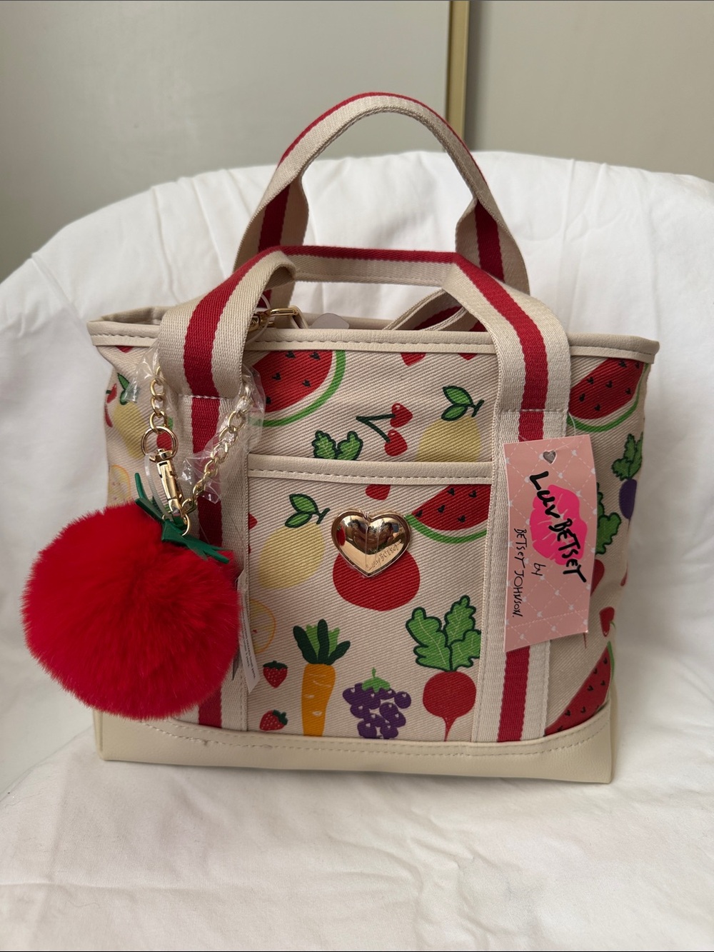 Luv Betsey LBADDIE Veggie Cream Fruit-Print Canvas Satchel with Red Pom Charm